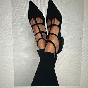 Women's Black Suede T-Strap Pointed Heels